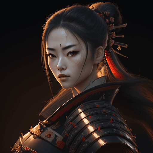 AI generated: female dressed as samurai, gorgeous, attractive, flirting, , looking at viewer, portrait, photograph...