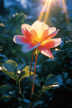 AI generated: A photograph of a flower blooming under a vibrant rainbow, during sunrise with colorful lighting and...