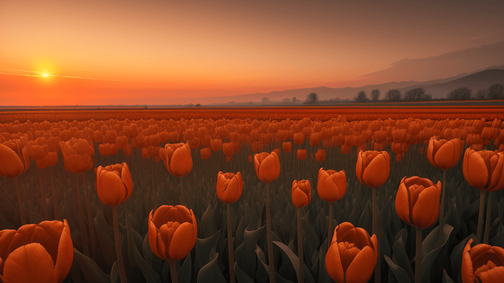 AI generated: Photo of a ultra realistic field of orange tulip flower, pale sunset, 8k, extreme details, cinematic...