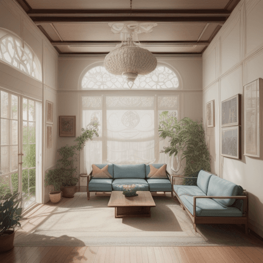 AI generated: High resolution photography interior design, dreamy sunken living room conversation pit, wooden floo...