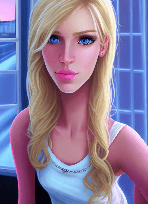 AI generated: A selfie portrait of a beautiful blond girl, dark blonde hair ((chanel style)) with pink highligts. ...