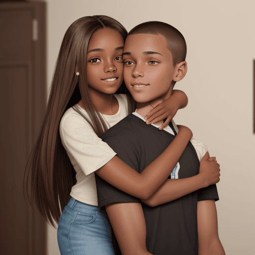 AI generated: Photo of a brownskin girl with straight brown long hair, brown eyes and no freckles hugging a browns...