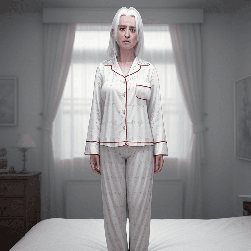 AI generated: A full-body shot of a girl with white hair looking at the viewer, wearing pyjamas, in a detailed bed...