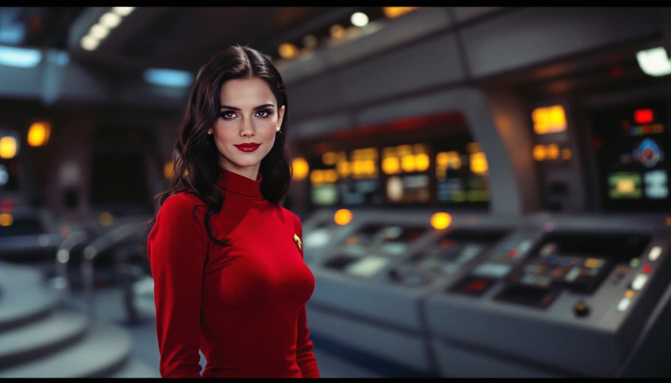 AI generated: 1969 portrait of a beautiful, young, goth, Winona Ryder as Lydia Deetz, Star Fleet ensign, smiling, ...
