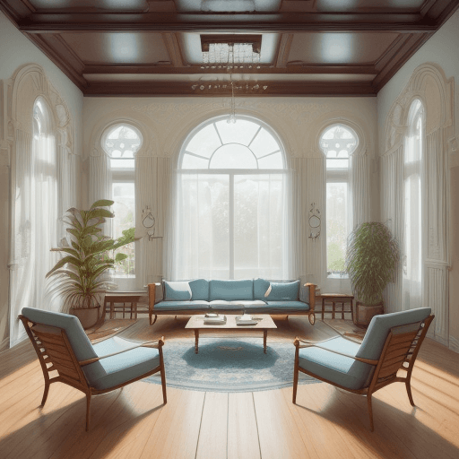 AI generated: High resolution photography interior design, dreamy sunken living room conversation pit, wooden floo...