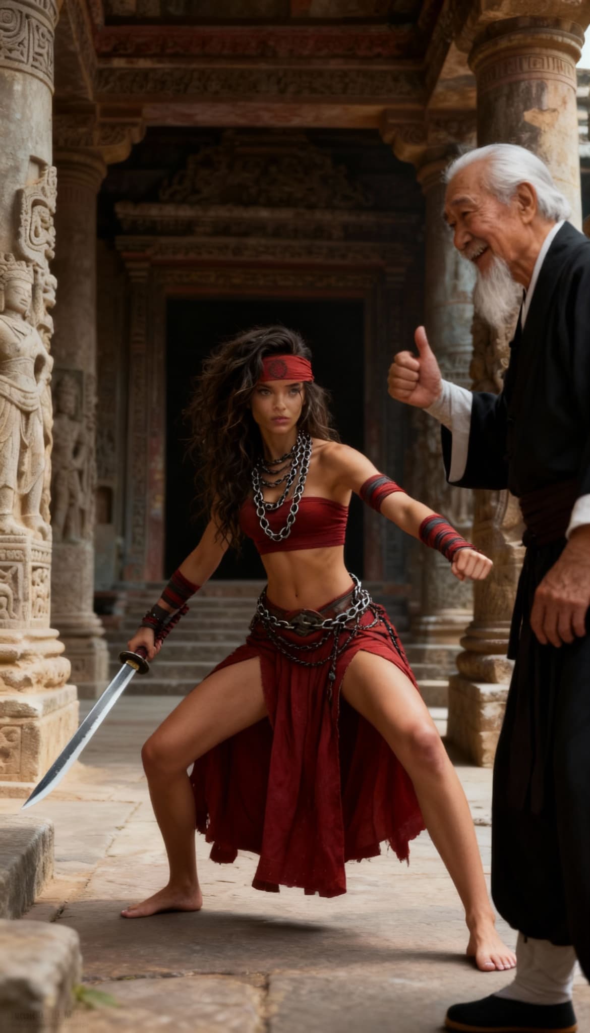 AI generated: Freepik_img1 the woman practices swordplay in a temple courtyard under the approving eyes of a typic...