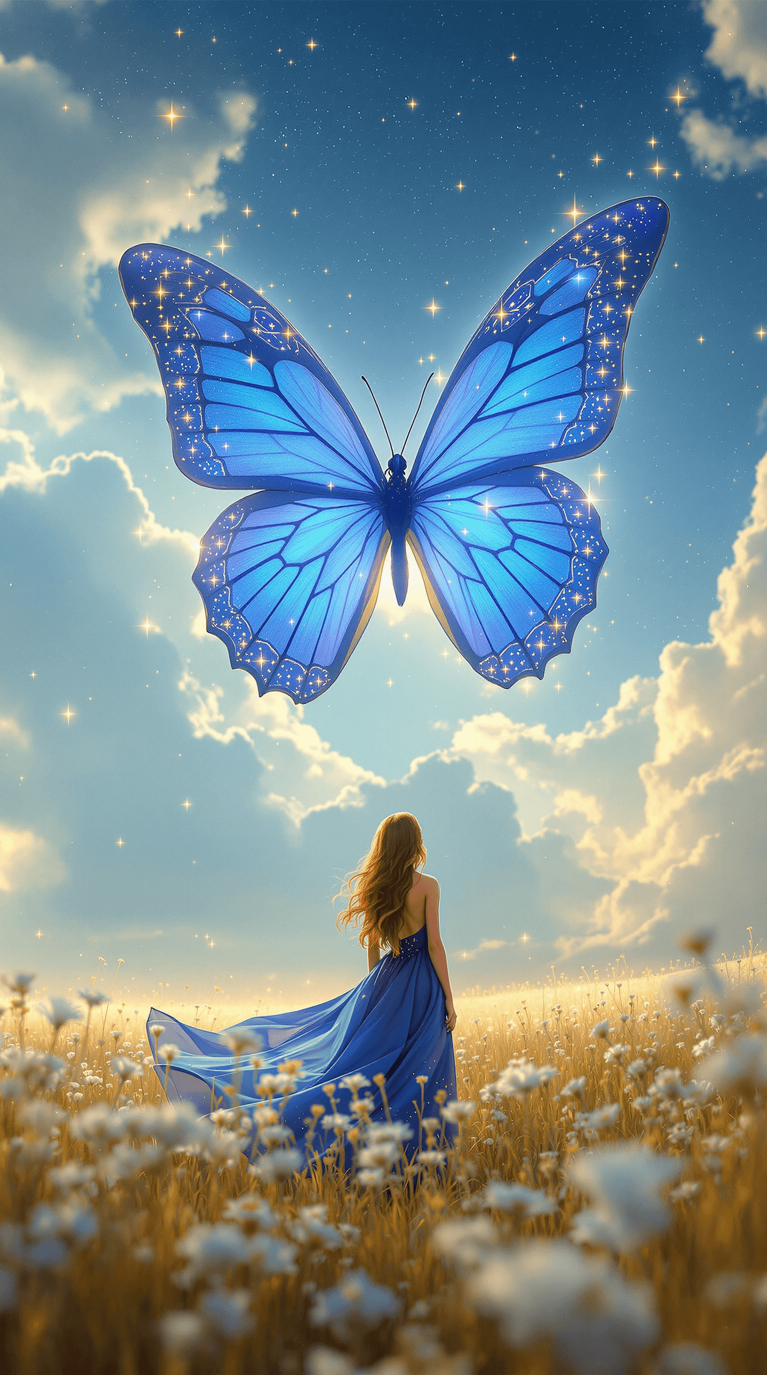AI generated: A mesmerizing surreal scene of a young woman standing in a vast, sunlit meadow filled with wildflowe...