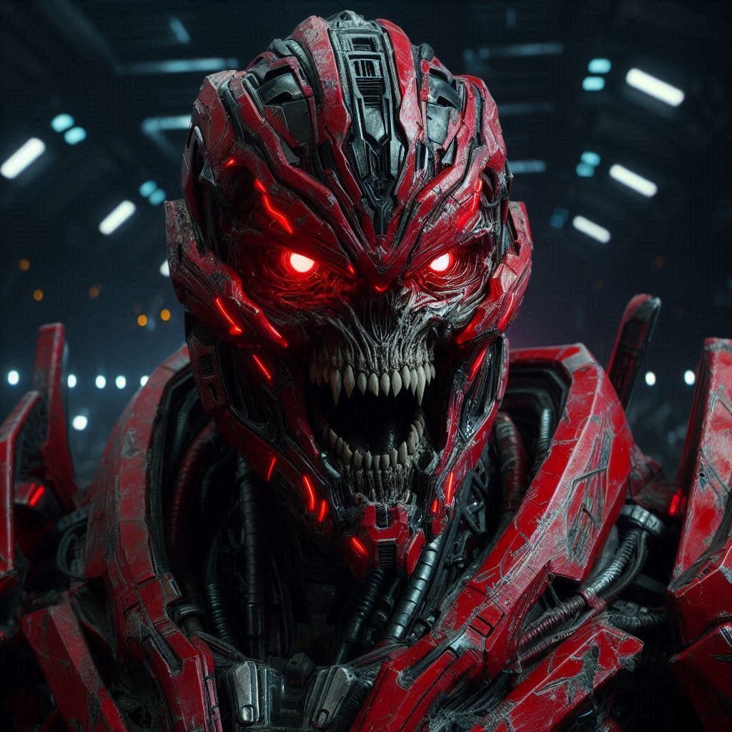 AI generated: ultra-wide photo red sci-fi armor with cyber helmet, horrible face, horror style, sneering smile, sh...
