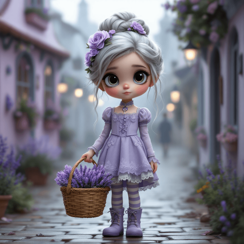 AI generated: A young girl, likely 6-10 years old, with light gray hair styled in a bun adorned with delicate rose...