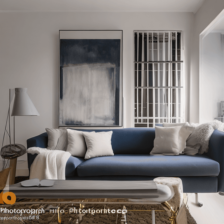 AI generated: Photograph apartment living room, soft light of dusk, all complemented by a unified color scheme of ...