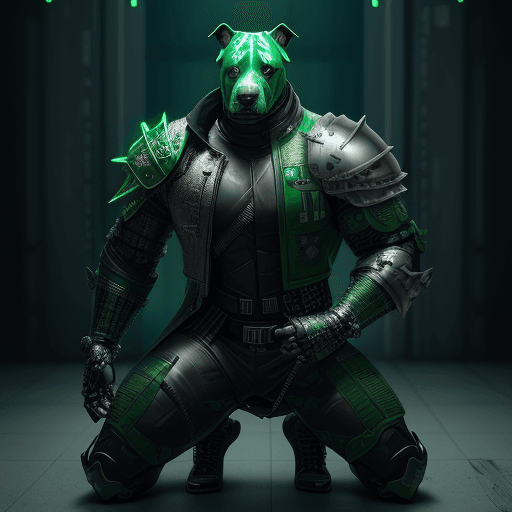 AI generated: kneeling dog pitbull knight,hyperrealistic futuristic soldier dog wearing cyberpunk Hulk jacket Gree...
