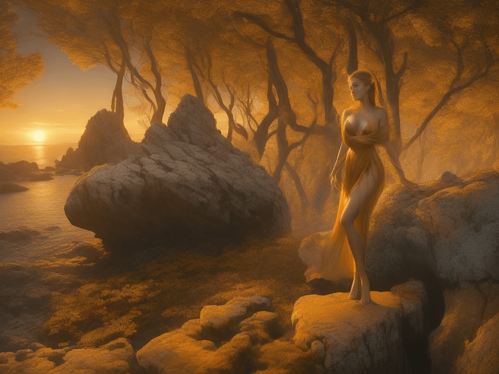AI generated: a breathtaking portrait of a stunningly gorgeous 25 year old woman standing atop a rocky outcropping...