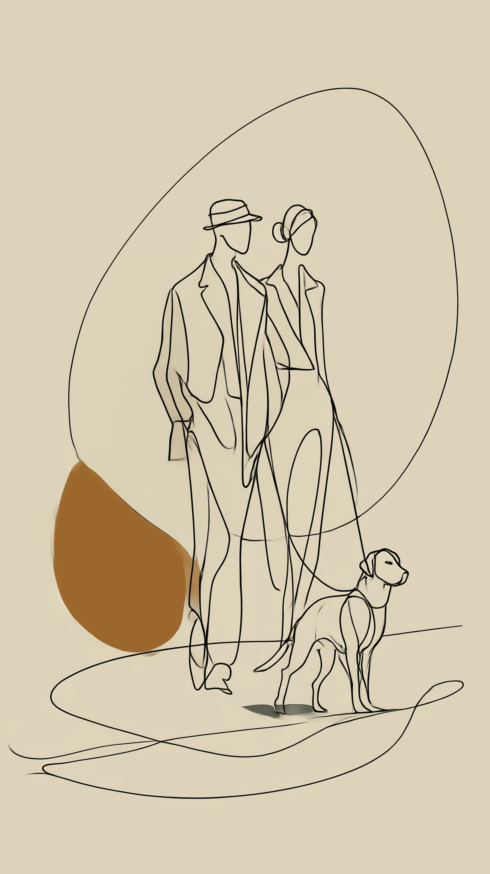 AI generated: clean vector, illustration, line art, couple walking their dog, simple outline, monochrome and duo t...