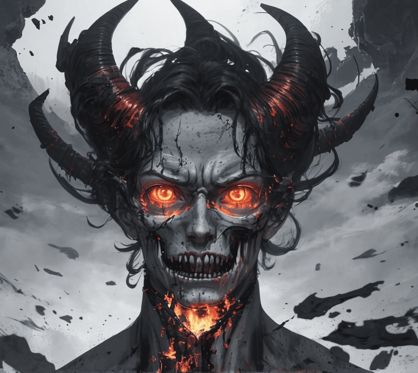 AI generated: Male character with Demon Face, with red skin, sharp horns, red eyes and sharp teeth, Buffalo horns,...