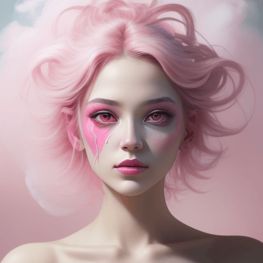 AI generated: portrait of a woman covered in cloud of smoke, whirlwind, pink highlight colors, pink make-up, hints...
