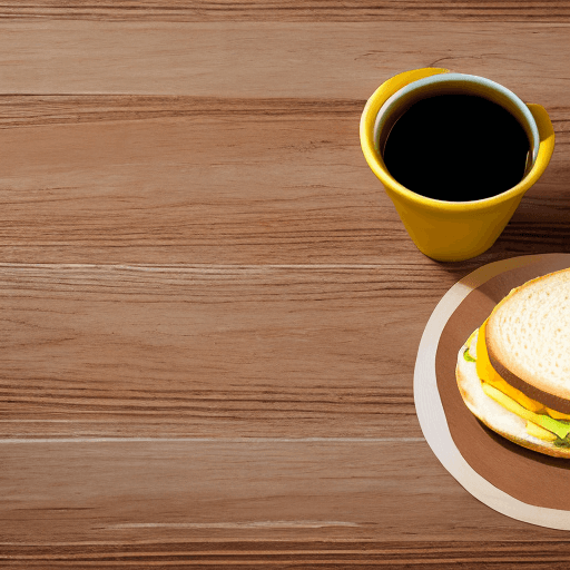 AI generated: A photo of a wooden table with a breakfast sandwich, wrapped in yellow paper, and a cup of coffee wi...