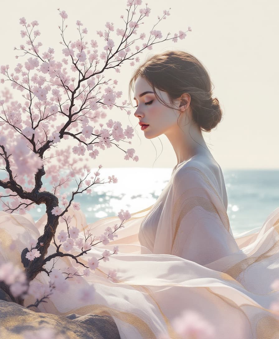 AI generated: :  A rule of thirds, a hyper-realistic caucasian woman with soft white porcelain skin stands quietly...
