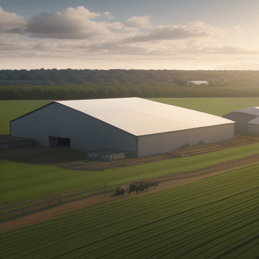 AI generated: Agro farm building, 4 hangars in the territory, cinematic, hyperrealism, high detail, realistic rend...