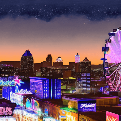 AI generated: Surreal Landscape of the skyline of Downtown Atlanta, night time, blue moon, star-filled sky, ferris...