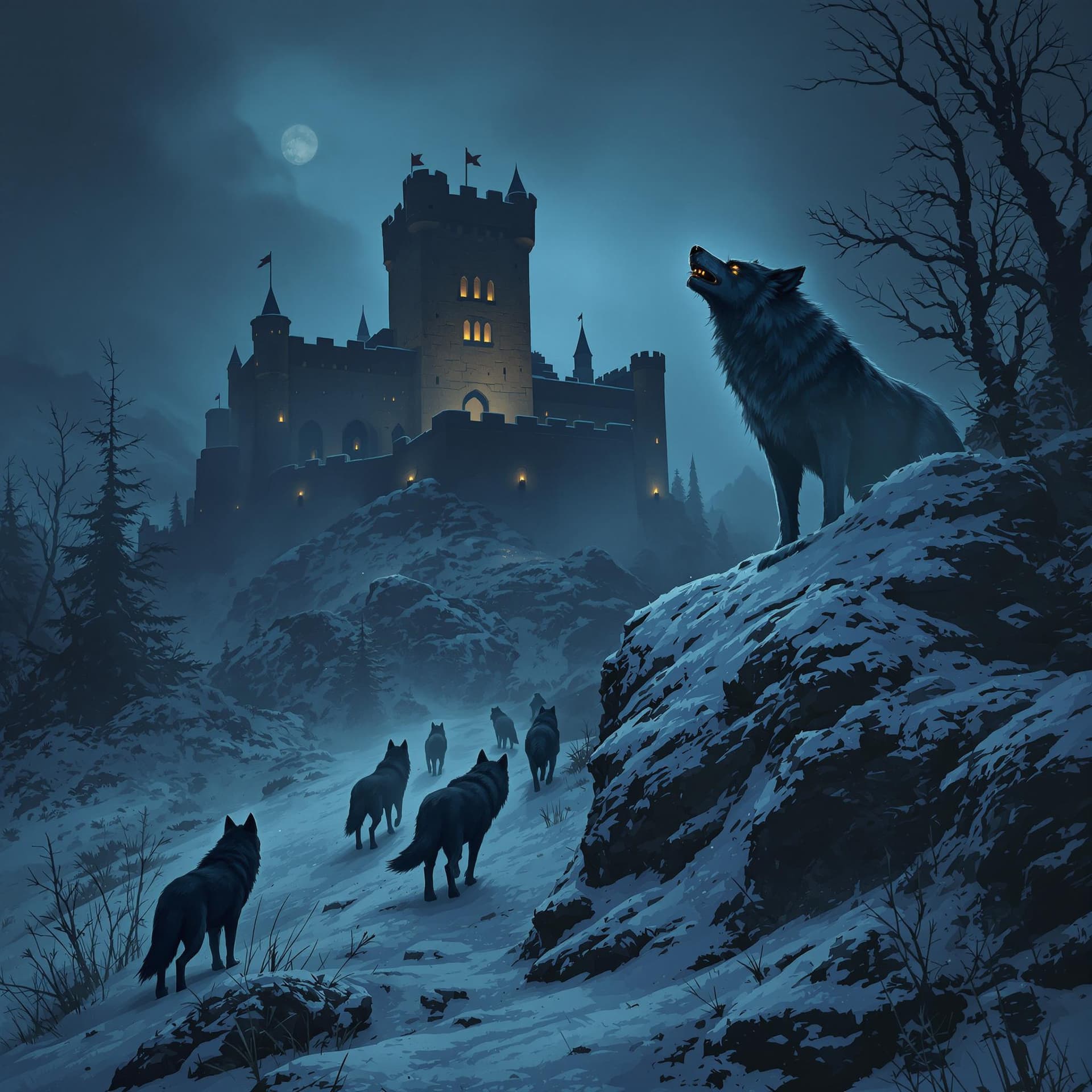 AI generated: A pack of dark-grey, glowing-eyed wolves prowls near a medieval castle, their silhouettes barely vis...