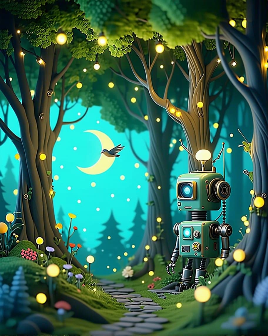 AI generated: "A whimsical cartoon-style enchanted forest with miniature glowing trees, a small moon peeking in th...