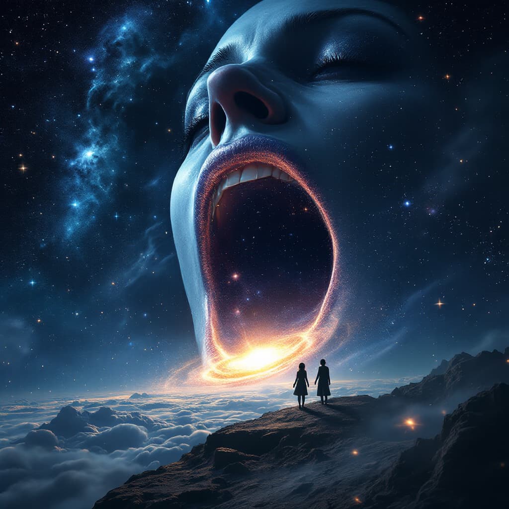 AI generated: enormous giantess bigger than a galaxy floating in space, minuscule galaxy in front of her mouth, ex...