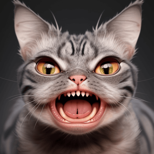 AI generated: A big, cat with a single tooth sticking out of its mouth upwards and big round eyes lovely