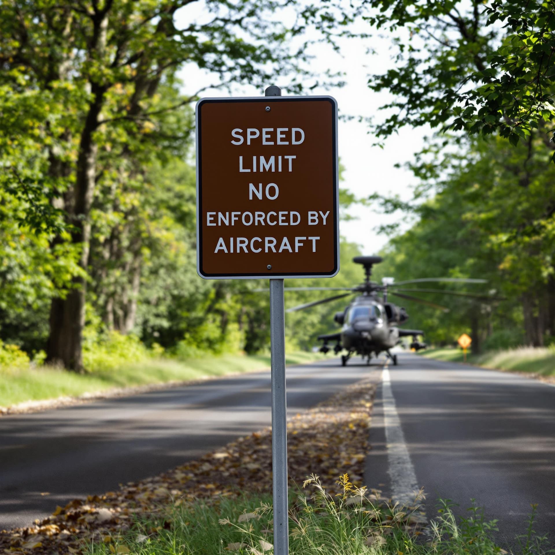 AI generated: at the side of a british road, a brown sign that says "SPEED LIMIT ENFORCED BY AIRCRAFT", spelt corr...