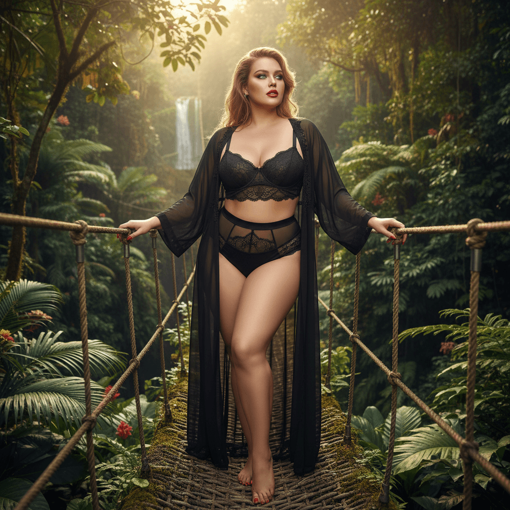 AI generated: A curvaceous woman with long, flowing reddish-blonde hair with soft curls, wearing a black lace bral...