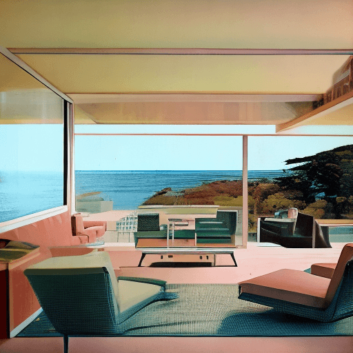 AI generated: Hyper realistic eye level exterior photo of a mid century modern style house overlooking the ocean, ...