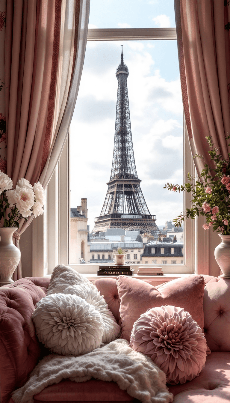 AI generated: a Parisian loft with views of the Eiffel Tower, romantic modern decor, floral wallpaper, feminin vel...