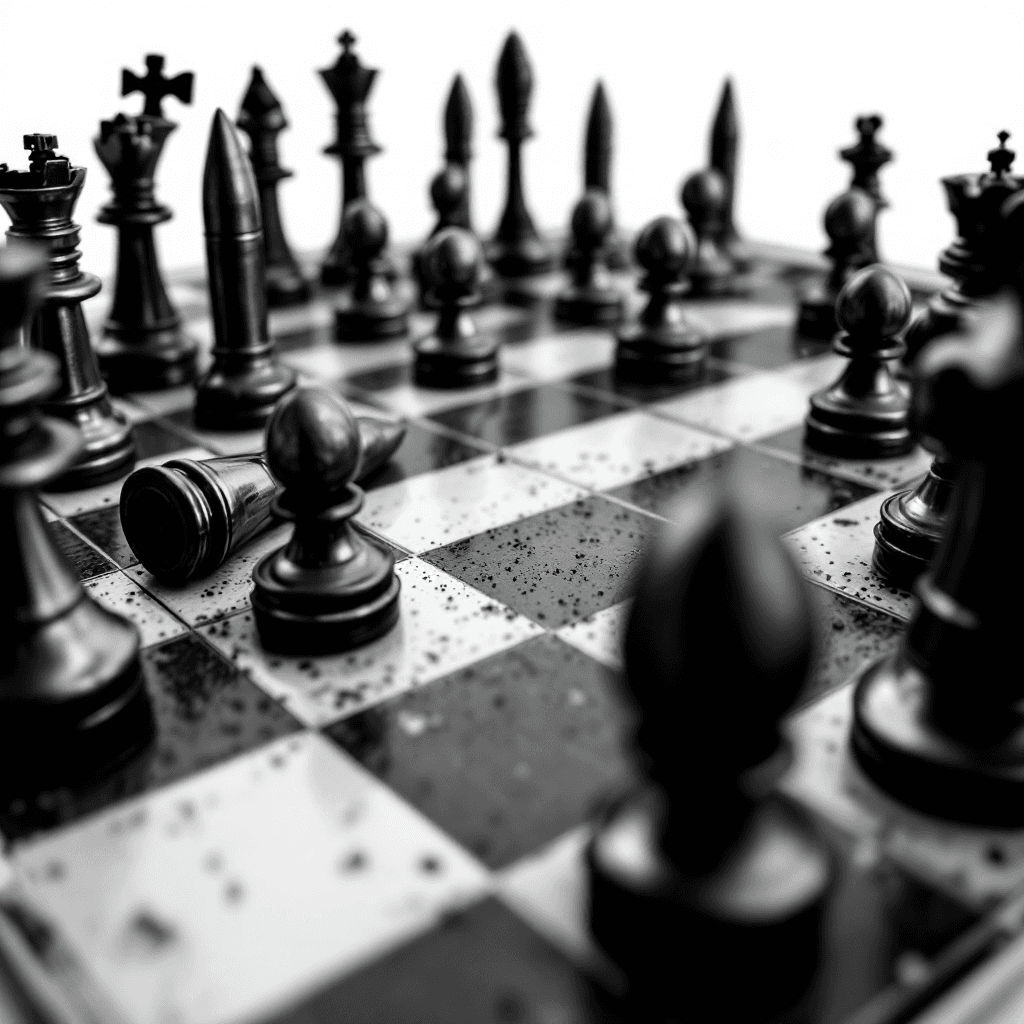 AI generated: A modern chess board, a black and white image, chess peices are a even mixture of Artillery shells b...