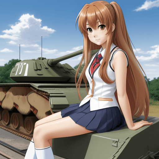 AI generated: taiga aisaka, anime style, school uniform, long hair, sit on tank, not realism, cartoon.