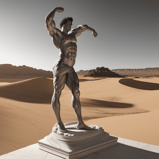 AI generated: "a monumental sculpture of David in a desert landscape, inspired by classical Greek sculpture, marbl...