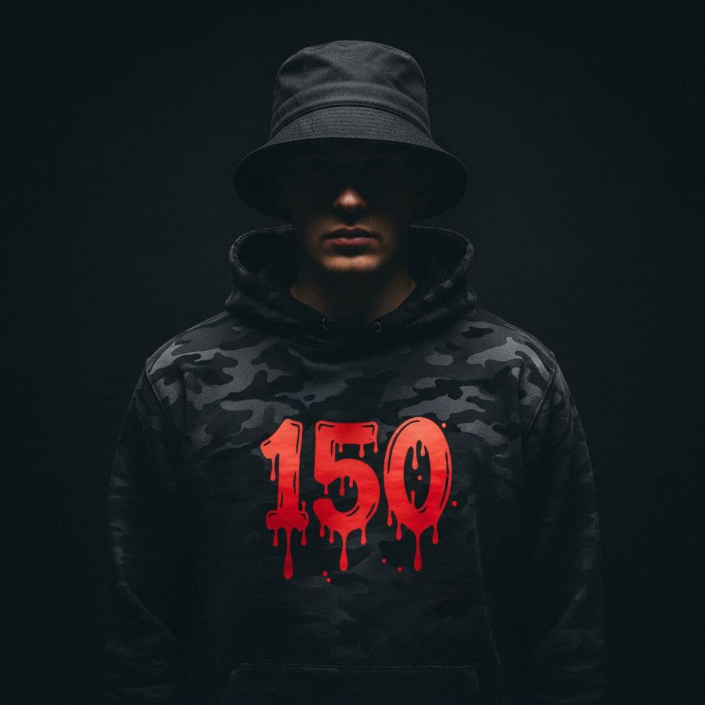 AI generated: photography, front shot, upper body, male model, wearing a bucket hat, black hoody, HOODY WITH TEXT ...