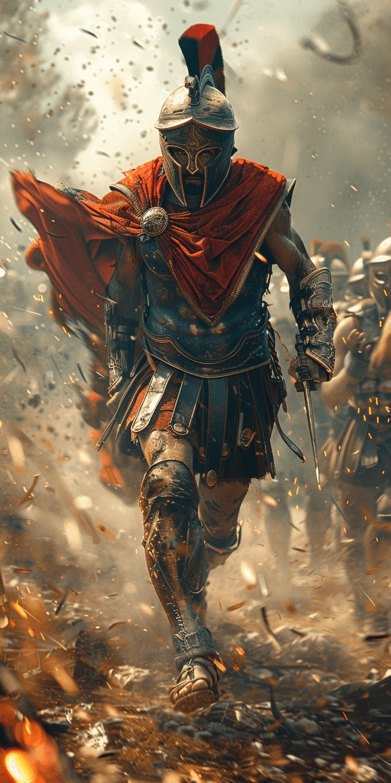 AI generated: a spartan in full battle gear running in the field, in the style of crimson and bronze, detailed cro...