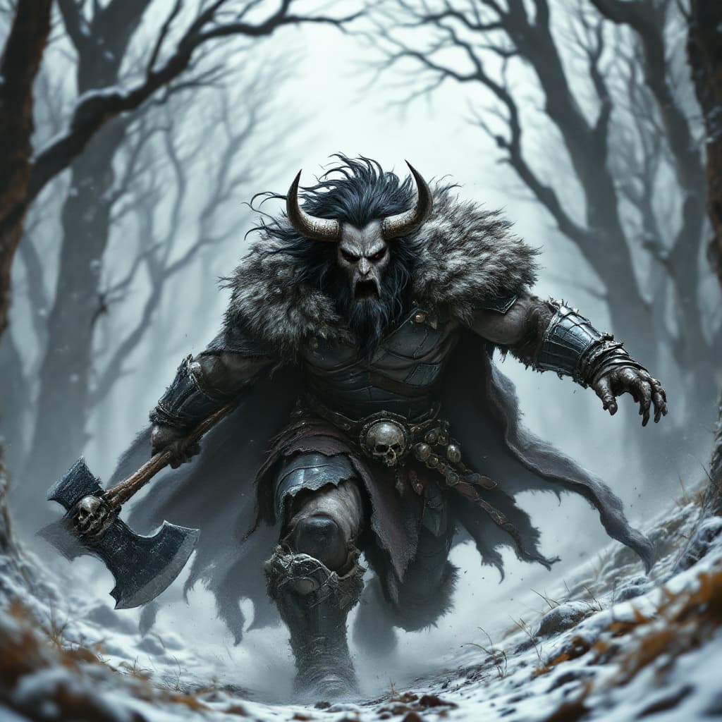 AI generated: A minotaur barbarian warrior, sheathed in battered black chrome armor, charges forward in the midst ...