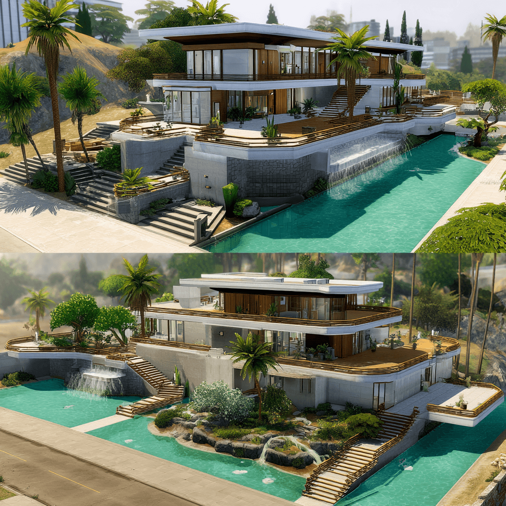AI generated: majestic mid-century modern mansion resembling a lotus flower, with layered terraces, cascading
wat...