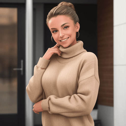 AI generated: The image features a beautiful young woman, a tan sweater, standing in front of a building, hair pul...