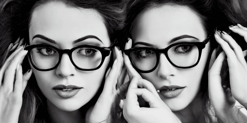 AI generated: Monochromatic portrait of a beautiful elegant stylish woman wearing glasses, hyperrealistic,  symmet...