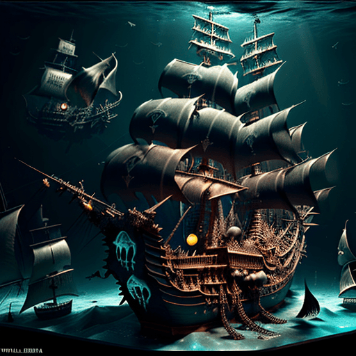 AI generated: Three layered underwater Tornado with a black pirate ship at the top and monster Wellen at the botto...