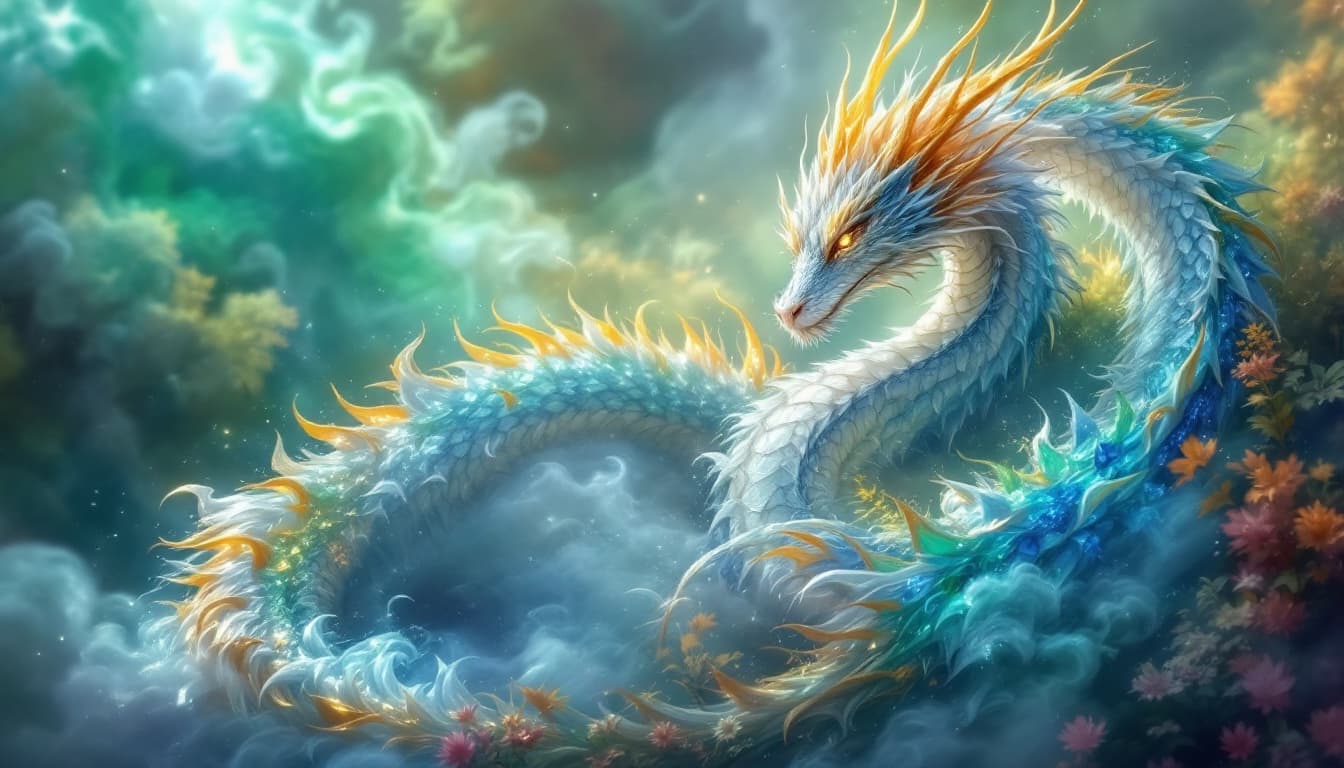 AI generated: An hyperealistic abundance dragon, wih blue, green, golden and silver colors