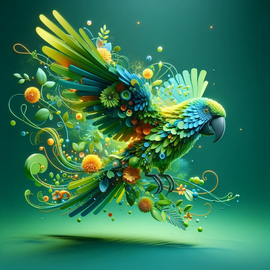 AI generated: abstract 3D shape flying parot, foliage and flowers incorporated, light emitting, green background