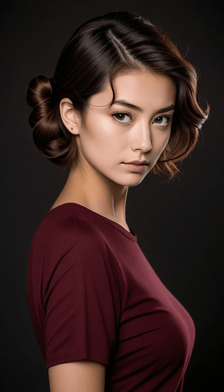 AI generated: An image of a young woman with fair to medium skin, viewed in profile. Her hair is dark brown, style...