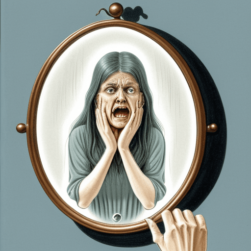 AI generated: a book illustration of a terrified woman who is trapped in a mirror and is trying to cry for help an...