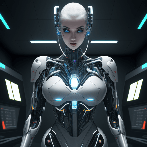 AI generated: Futuristic cyborg, sleek metal enhancements and glowing circuits, standing in high-tech laboratory, ...