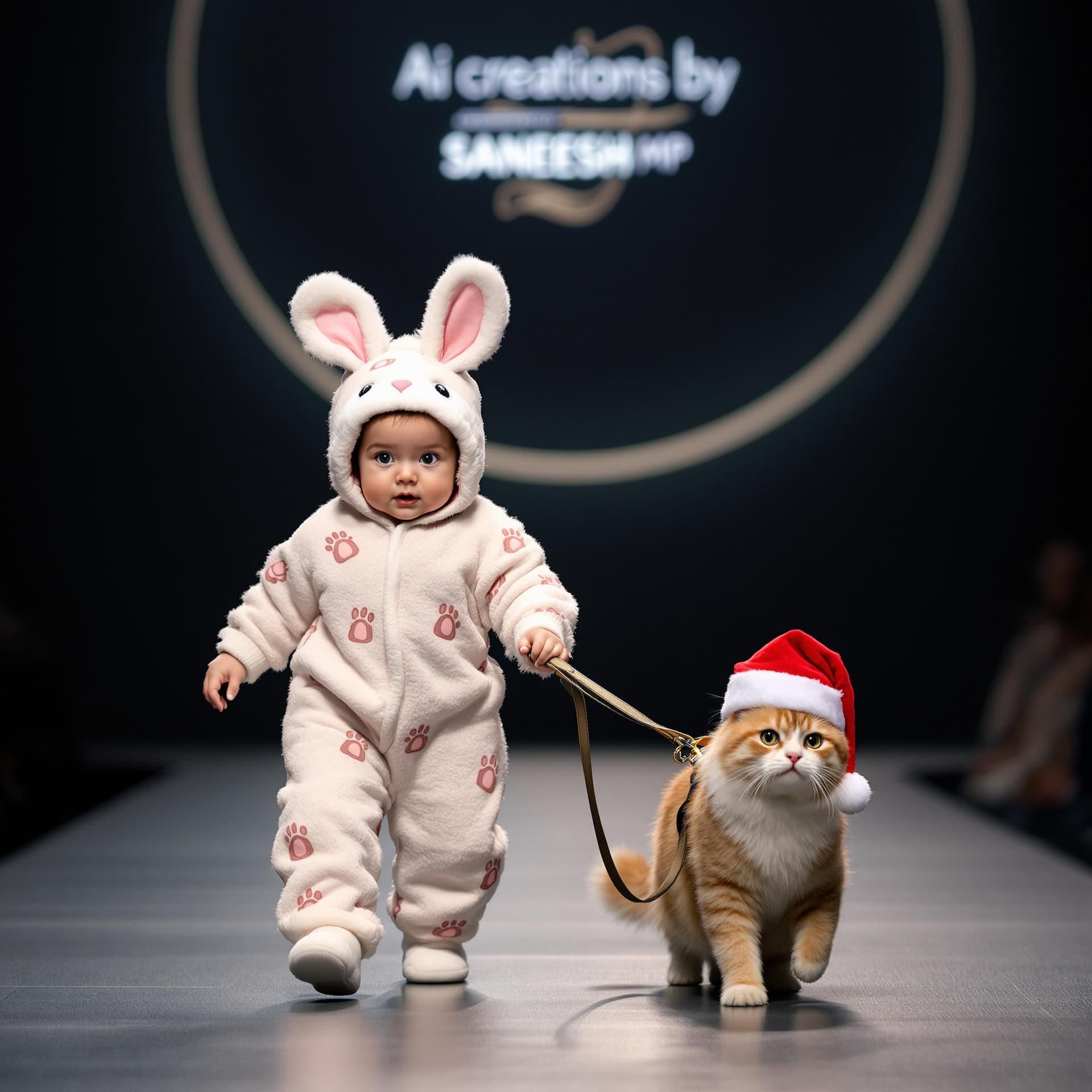 AI generated: A baby dressed in bunny pajamas leads a pet cat on a leash while walking at a Ai creations by SANEES...