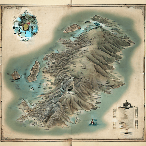 AI generated: An old map showing a large main land. Three islands of different sizes. In the style of dark fantasy...