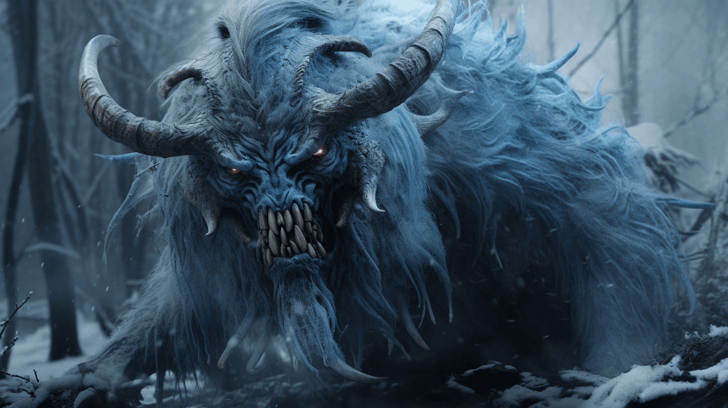 AI generated: scary horned ogre, 20 meter tall, full body, blue eyes, frozen taiga forest with blue mushrooms on t...