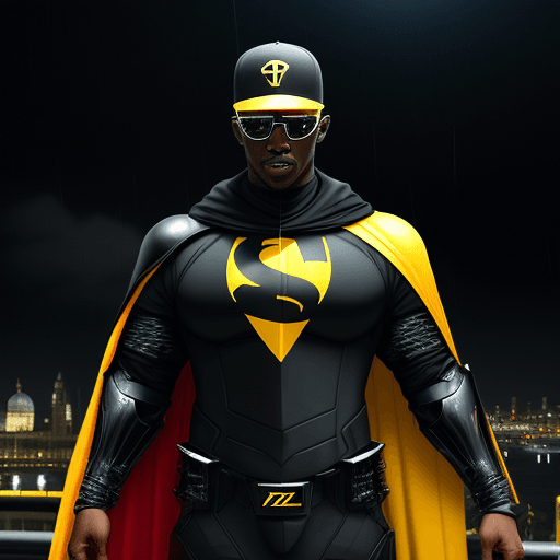 AI generated: 
A blackman, with a black baseball cap backwards,red sunglasses, in a black metallic dark knight arm...